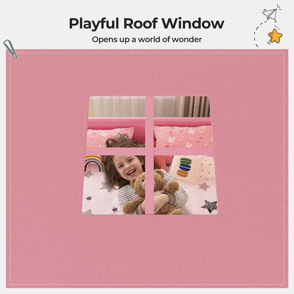 Montessori Full Size Floor Bed, Safety Guardrails, Reading Nook, Pink | House Shape, Wide Soft Padded Seat, Sling