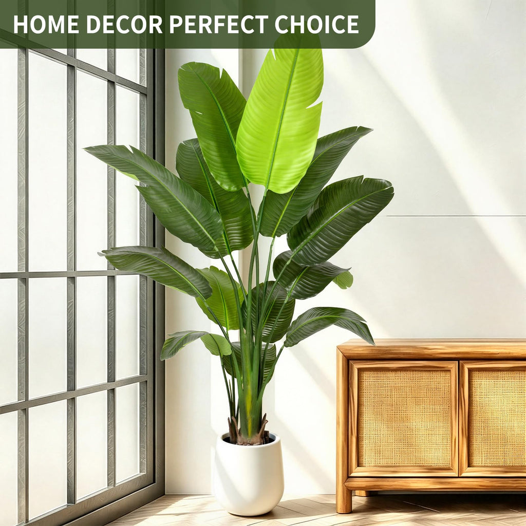 6FT Artificial Bird of Paradise Plant Tall, 71"Fake Tropical Tree with 13 Banana Leaves and White Pot, Large Faux Silk