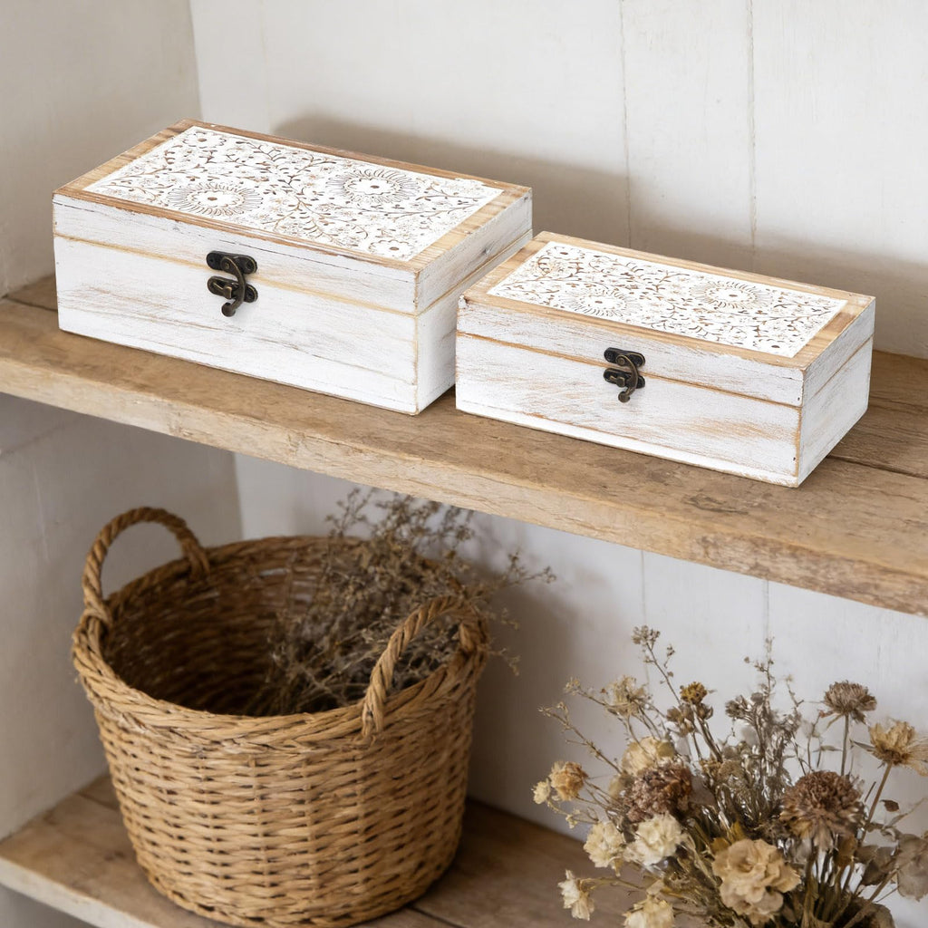 Rustic Farmhouse Decorative Wooden Boxes, Set of 2 Keepsake Box Decorative Boxes with Hinged Lid and Floral Carved