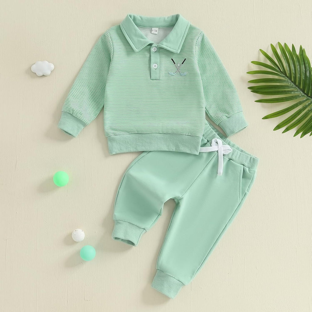 Toddler Boy Girl Golf Outfit Stripes Long Sleeve Sweatshirt Shirt Cute Pants Set Kids Baby Fall Winter Clothes
