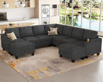 Chenille Modular Sectional Sofa, 7 Seater U Shape Couch, Dark Grey