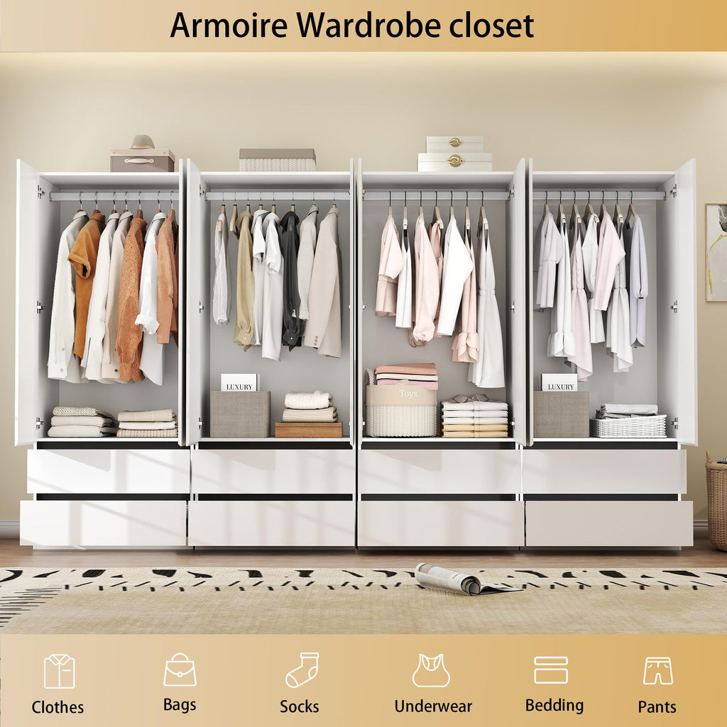 White Armoire Wardrobe Closet with 8 Drawers: 75" H x 126" W