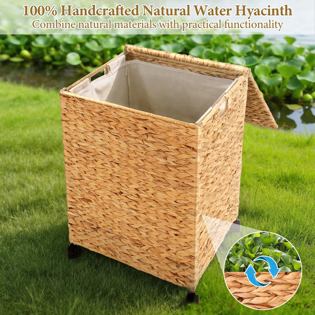 Wicker Laundry Hamper with Lid & Wheel, Rattan Laundry Basket, 90L