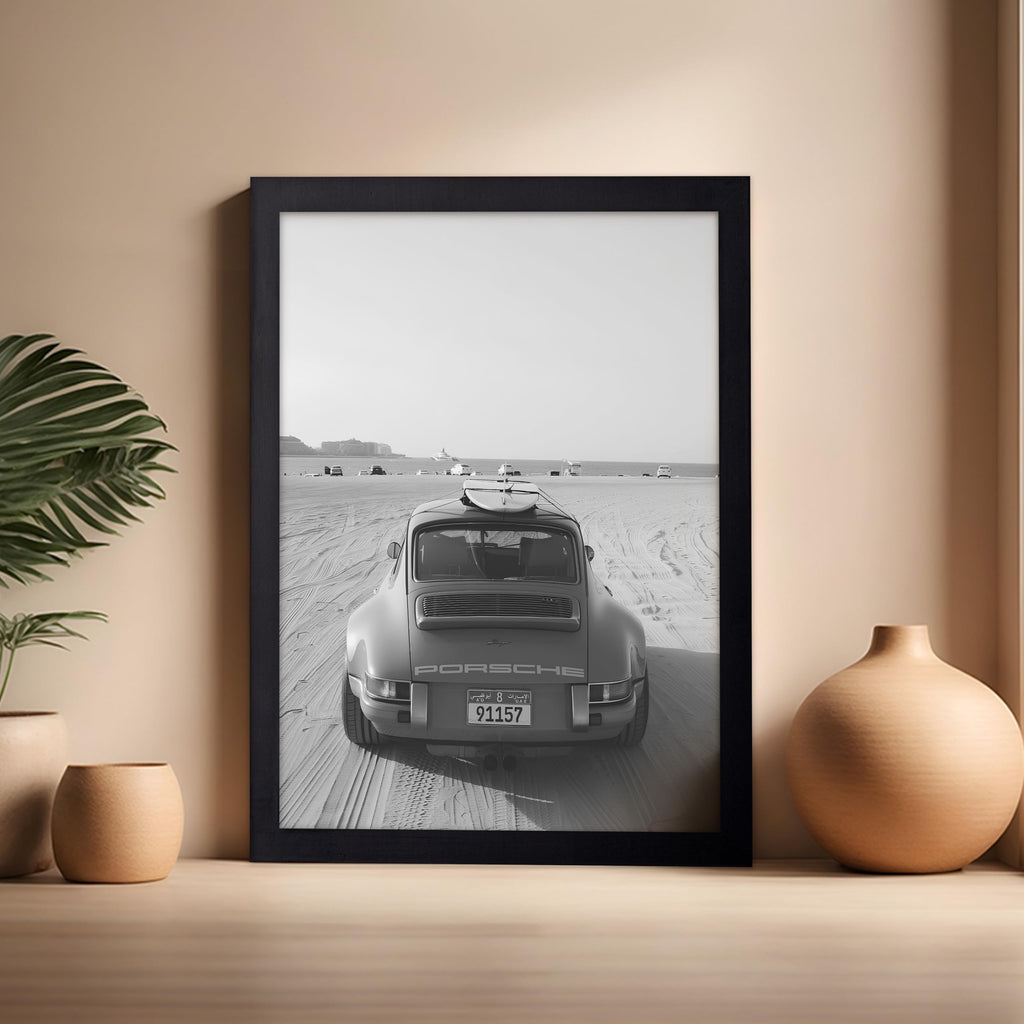 Classic Car Poster - Car in the Desert Print - Automobile Art - Transportation Design - Black and White Illustration