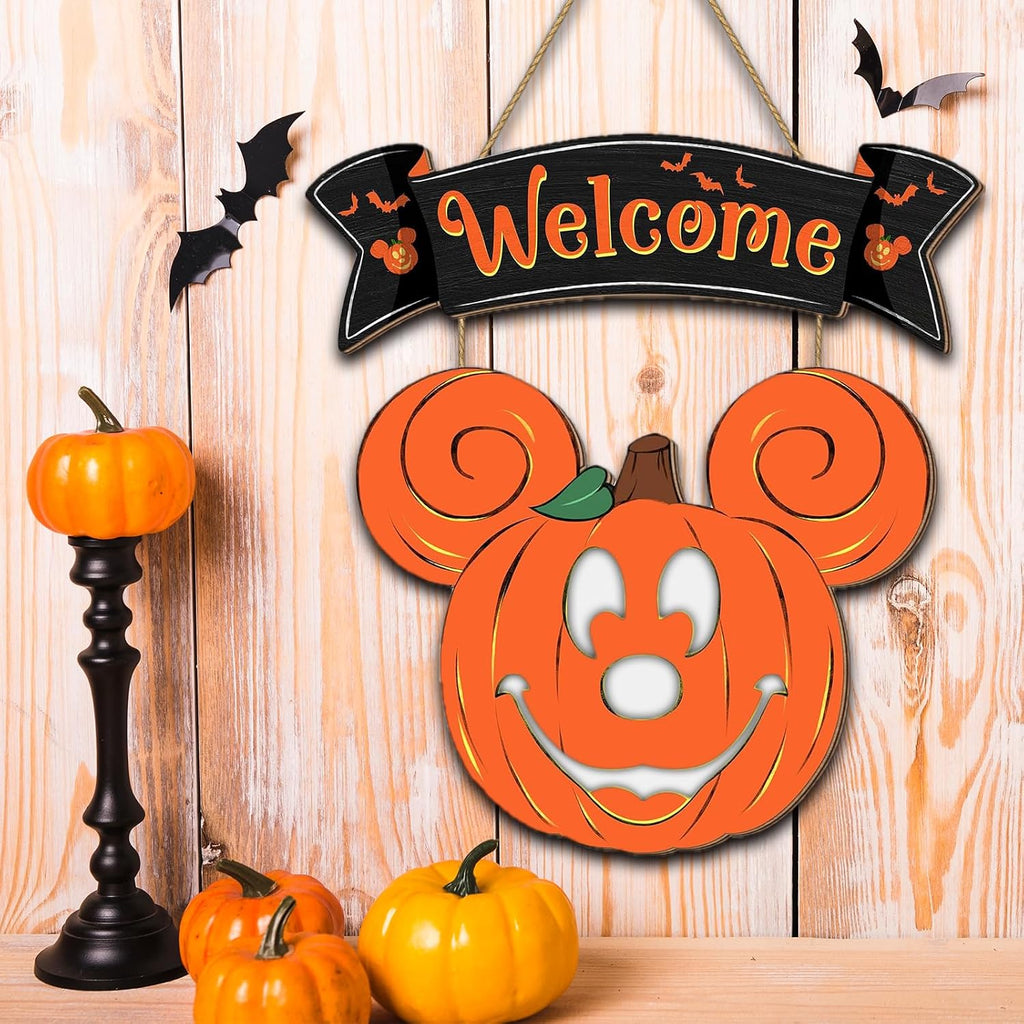 Halloween Mouse Pumpkin Wreath with Light for Porch Door Sign Decorations