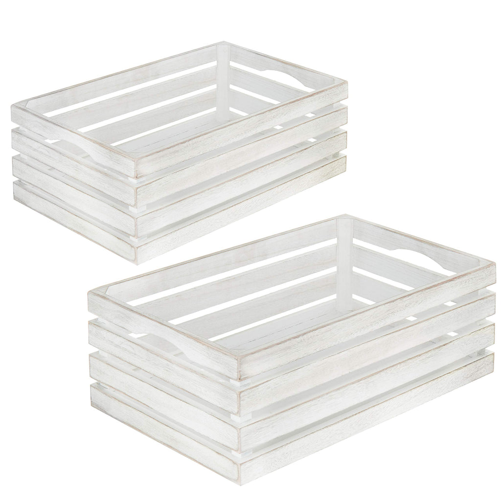16 and 14 Inch Shabby White Washed Solid Wood Nesting Decorative Storage Crates, Vintage Farmhouse Wooden Stackable