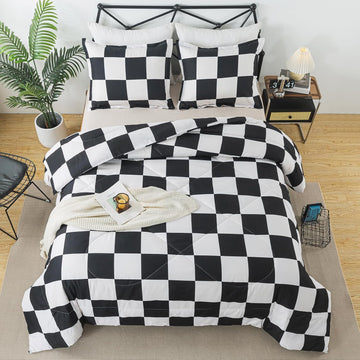 Black and White Checkered Comforter Set, Plaid Twin Checkered Boys Bedding Set for All Seasons, Farmhouse Soft