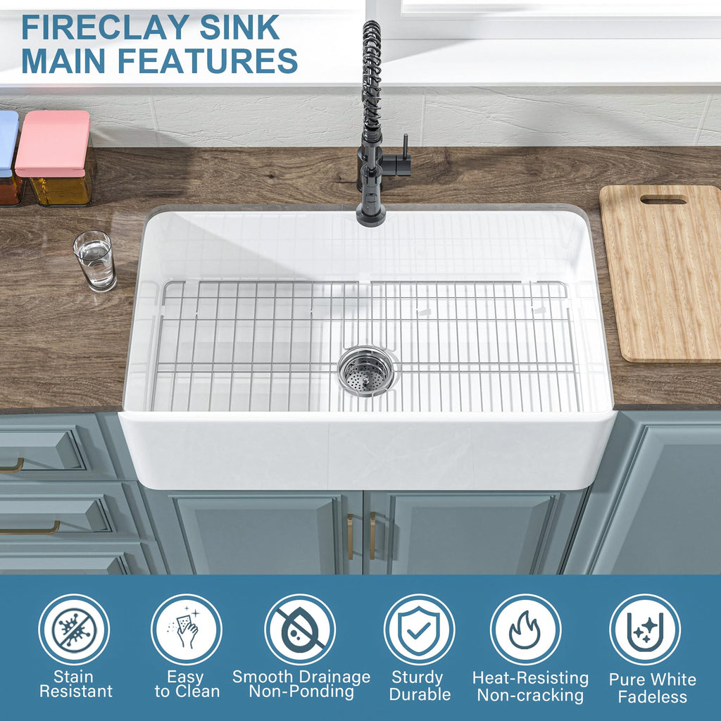 33" x 18" Fireclay Apron Front Farmhouse Sink White