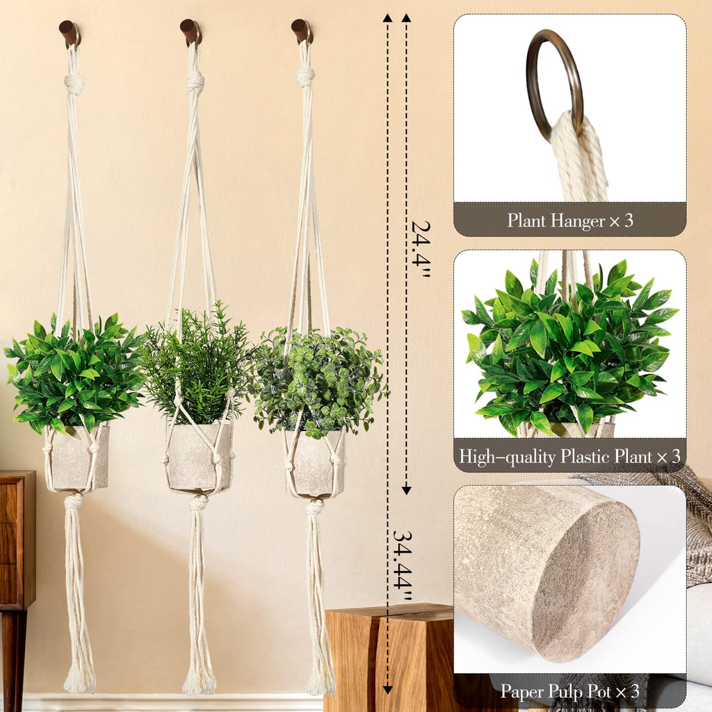Artificial Plants 3Pack Mini Faux Hanging Plants with Macrame Plant Hangers