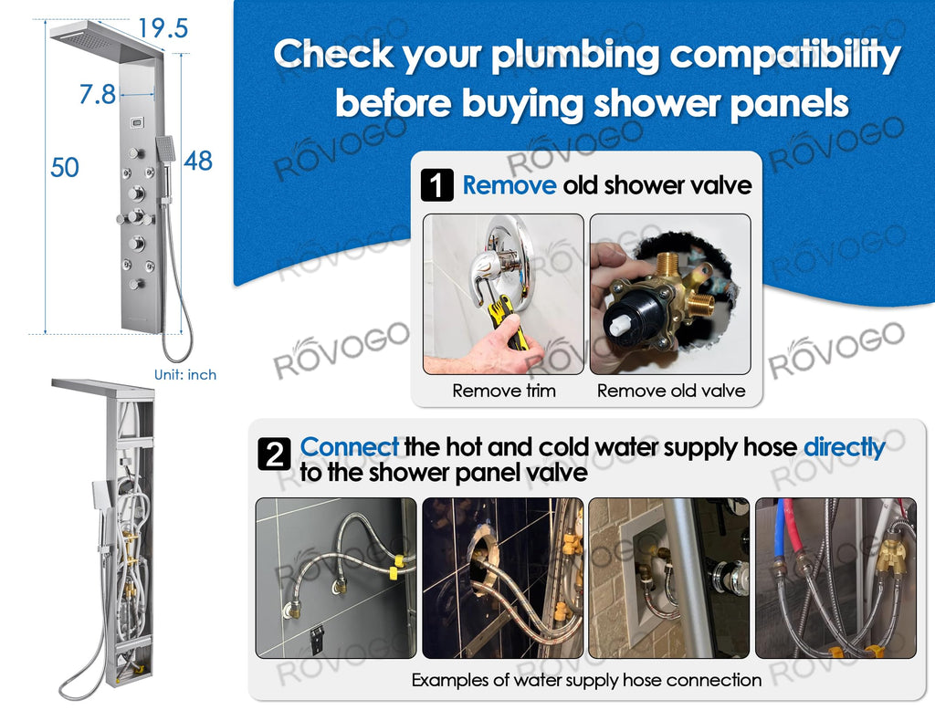 Shower Panel Tower System with 6 Shower Functions, Simultaneous Use