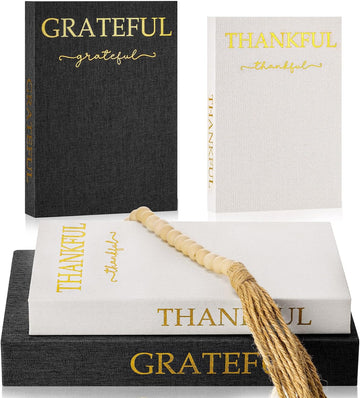 Linen Decorative Books with Wooden Beaded Garland Tassel Elegant Linen Books Aesthetic Gold Foil Fake Book - Set of 2