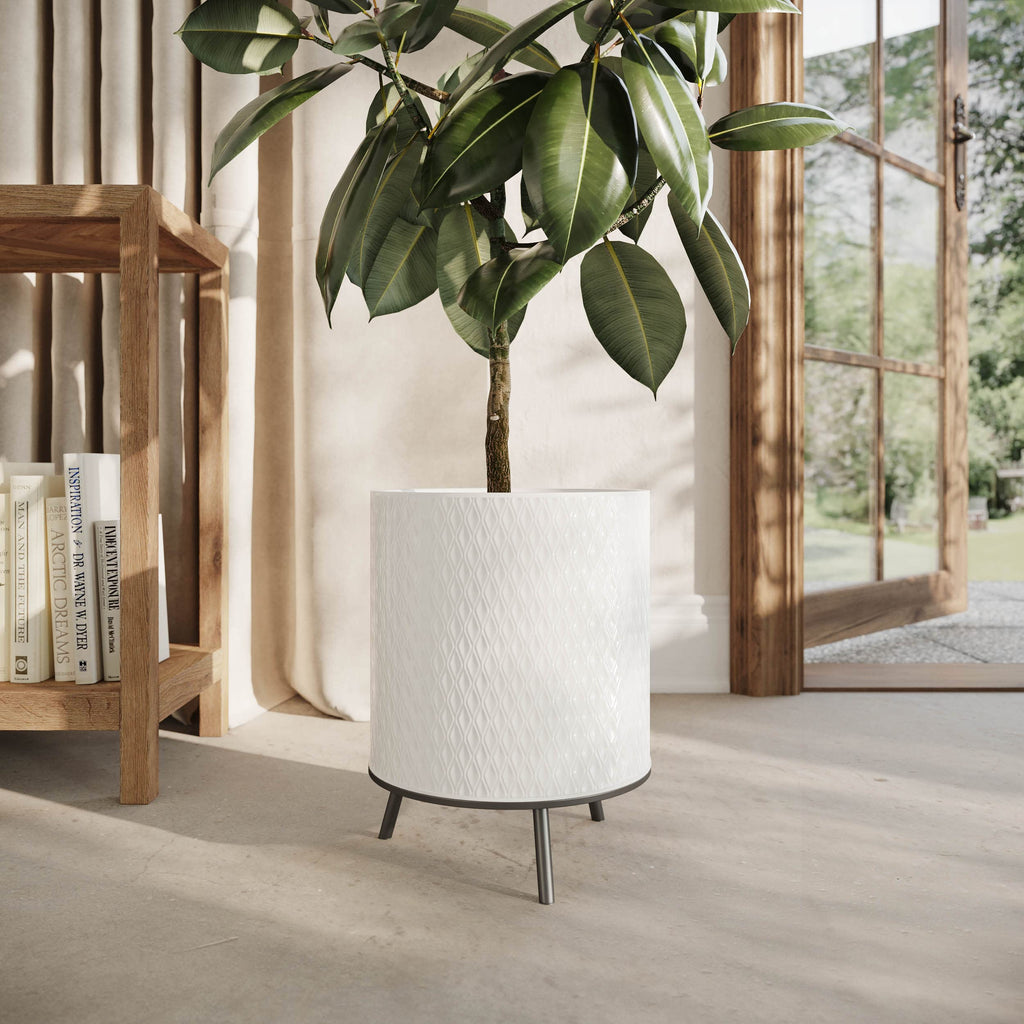 Claire Honeycomb Neutral Modern White Planter with Nyra Stand, Indoor Plant Pots, SelectBase, Mid-Century Modern