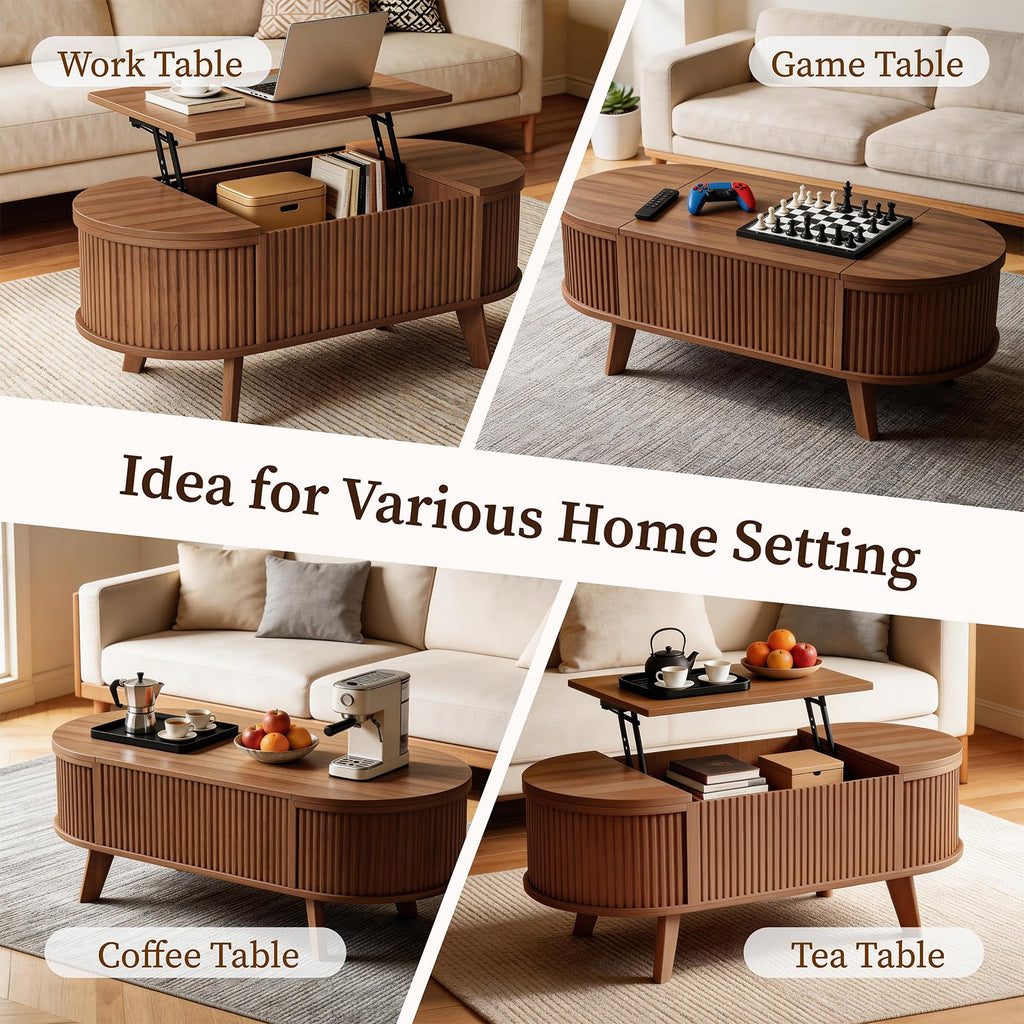 39.4" Oval Fluted Coffee Table with Lift Top, Hidden Storage, Walnut