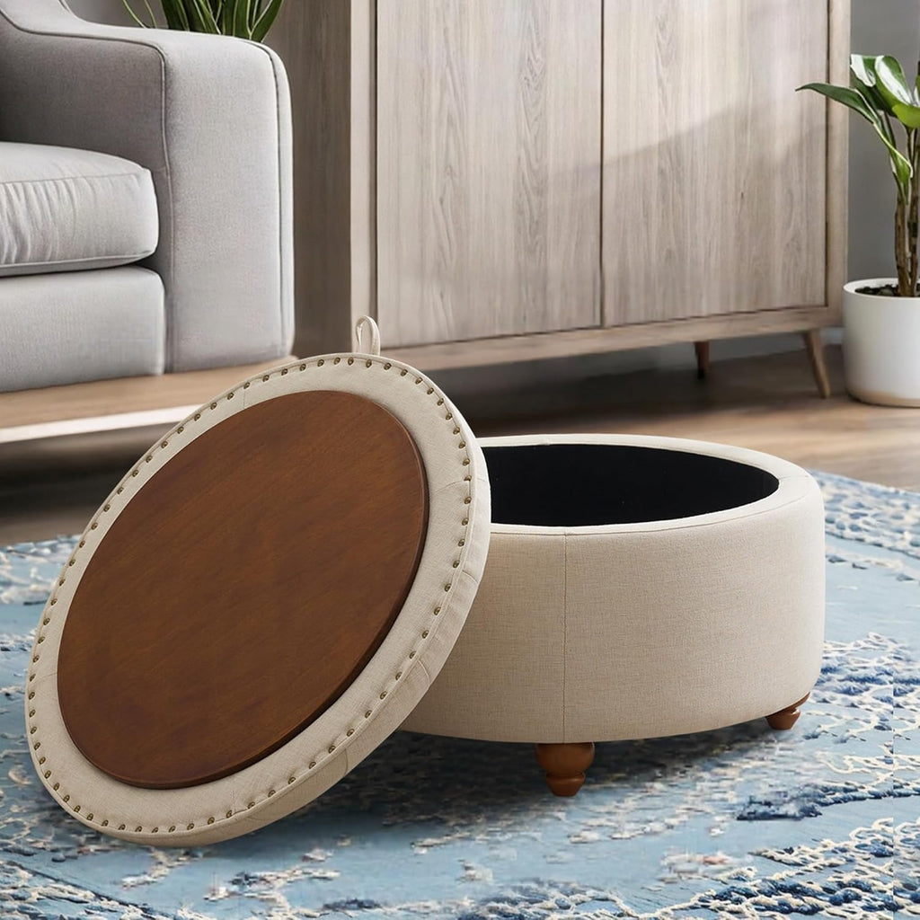 24'' Round Ottoman Coffee Table with Storage, Upholstered Tufted Ottoman with Flip Tray, Solid Wood Legs , Khaki