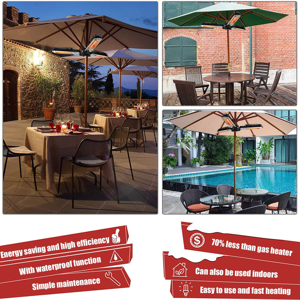 Umbrella Patio Heater, 2000W Electric Parasol Heater, Infrared Radiant Heater with 3 Heating Panels for Pergola Or