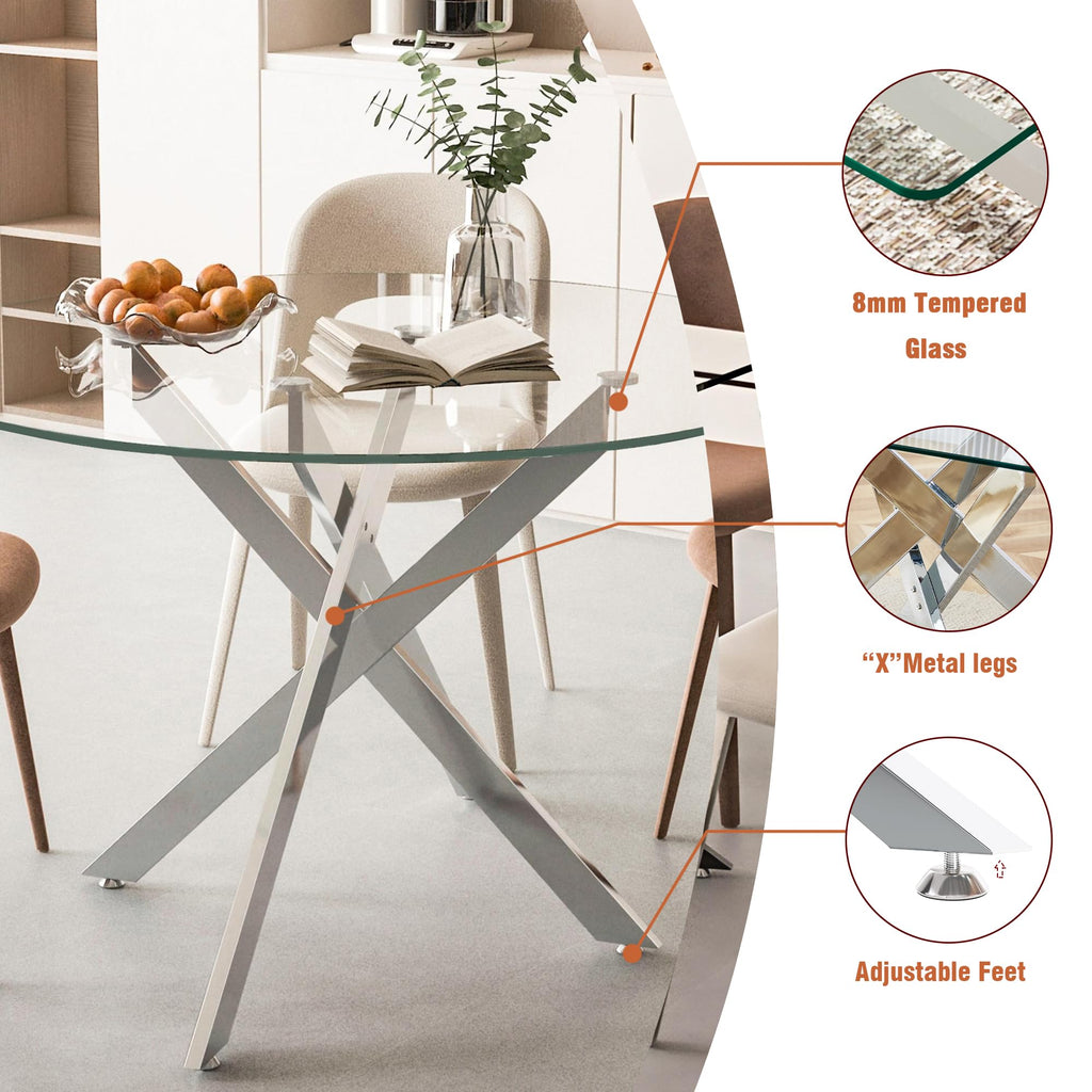7-Piece Round Glass Dining Table Set for 6, 47" Circle Kitchen Table with 6 Black Velvet Chairs Modern Silver Glass