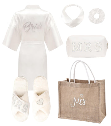 6 Pcs Bride Robe for Wedding Day Set Satin Bride Robe and Slippers Set for Bachelorette Party Bridal Shower Gifts