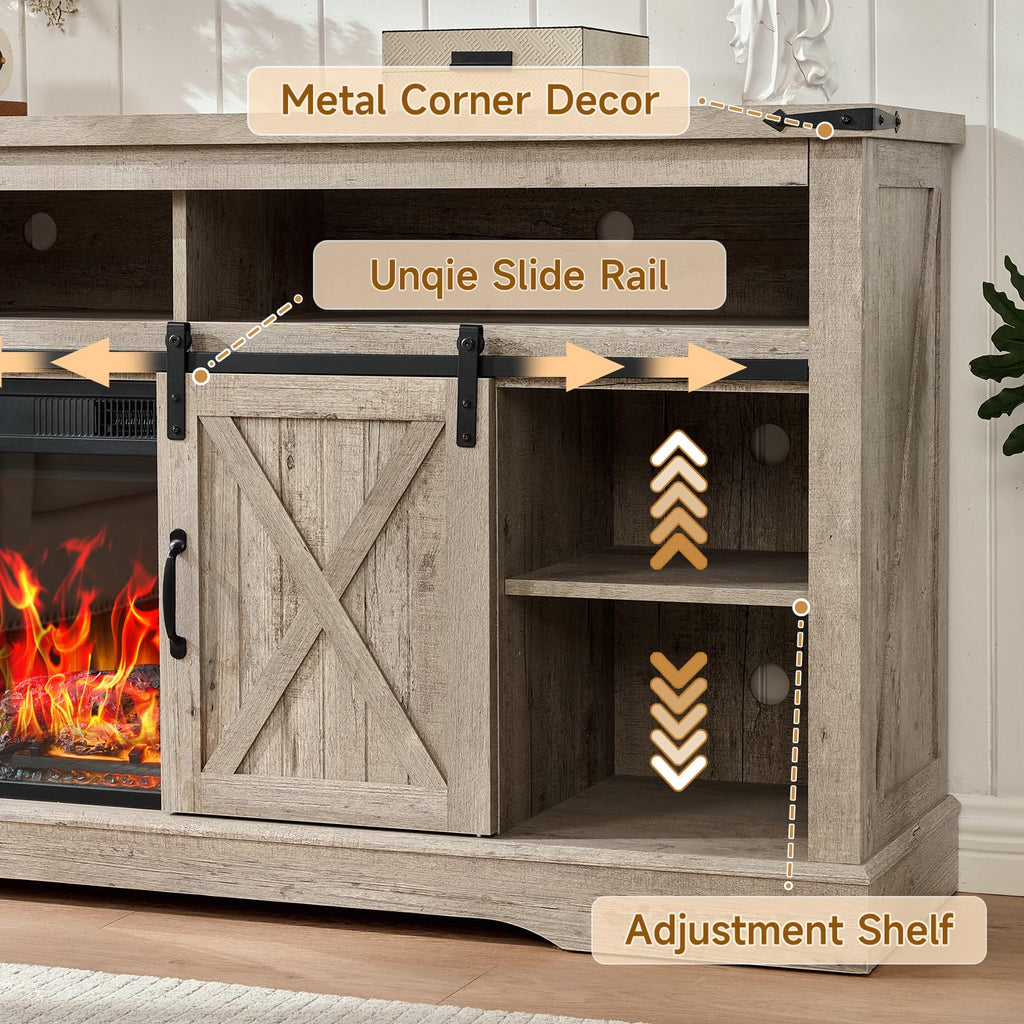 58" Fireplace TV Stand for TV up to 65 Inch with Farmhouse Sliding Barn Doors, Highboy Entertainment Center with