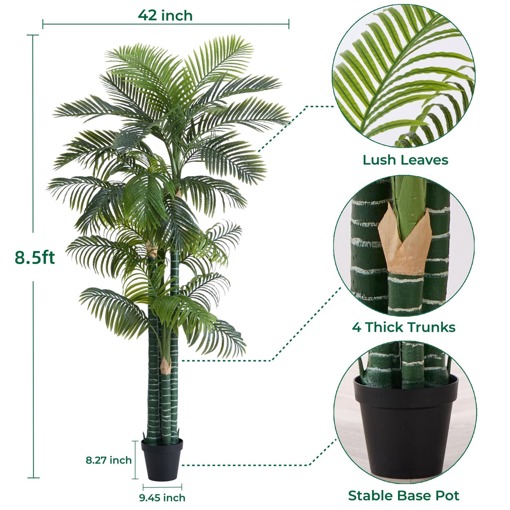8.5FT Artificial Golden Cane Palm Tree with 4 Trunks in Black Pot (1 Pack)