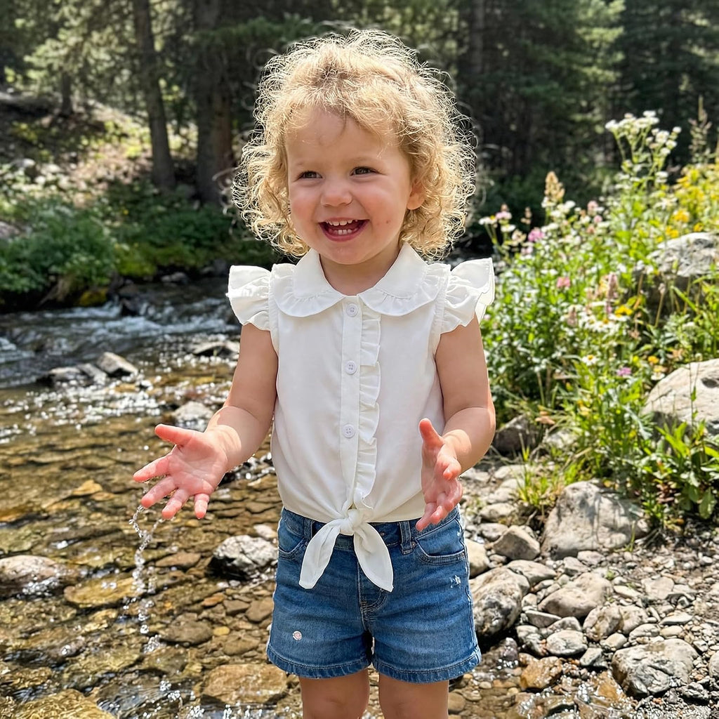 Toddler Girl Button Down Shirt Tie Knot Shirt Plaid Blouse Sleeveless Ruffle Tops Kids Baby Summer Clothes