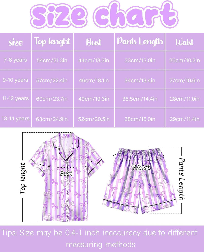 Girls Pajamas Silk PJS Set Bow Satin Sleepwear Short Sleeve Jammies for Kids Button-Down Nightwear