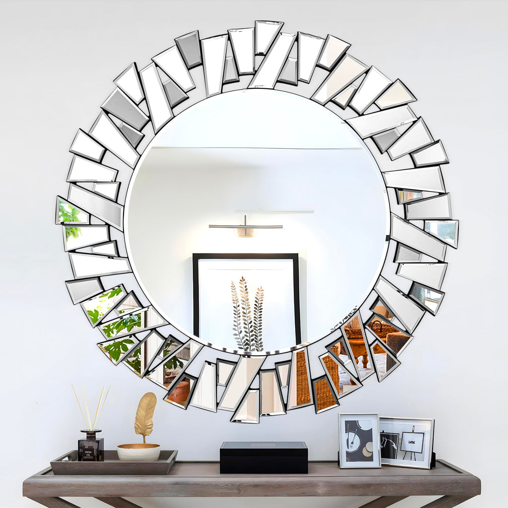 Round Mirror for Wall Decor, 36" Large Living Room Mirror with 3D Beveled Glass Frame, Modern Frameless Unique Design