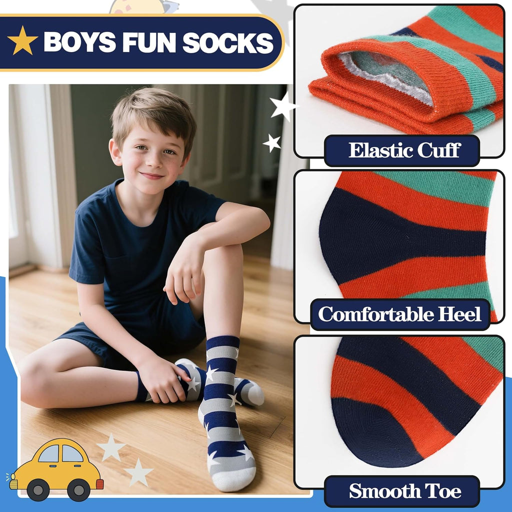 Kids Boys Fun Cotton Crew Socks Funny Crazy Cartoon Novelty Space Trucks Star Dress Socks 6 Pairs