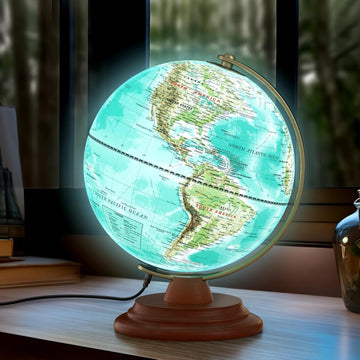 Illuminated Globe of the World with Wooden Stand, 8'' World Globe for Kids & Adults' Learning Built-in LED Night