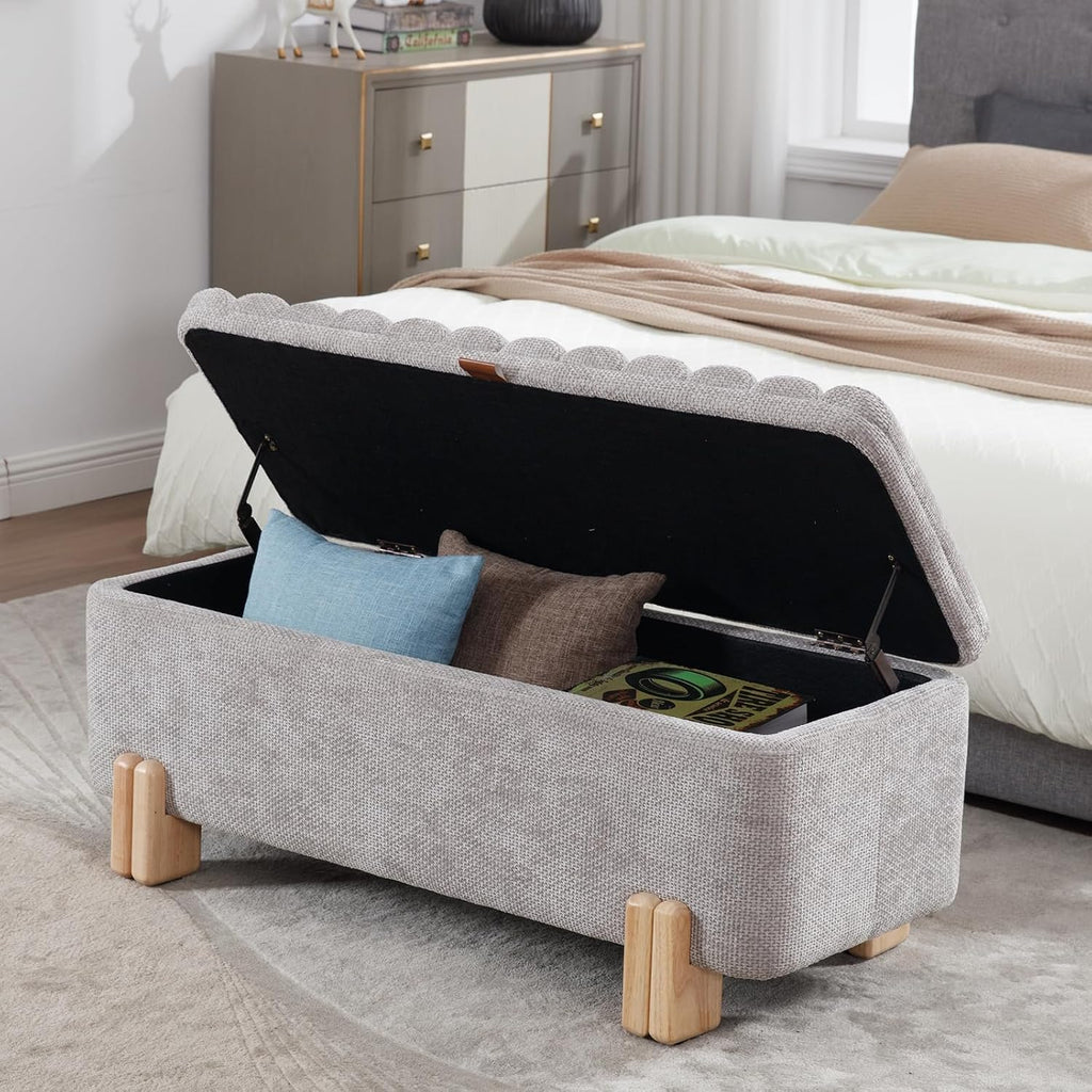45" Storage Bench Velvet Entryway Bench Upholstered Ottoman Bench with Wavy Top & Safty Hinge Living Room Hallway