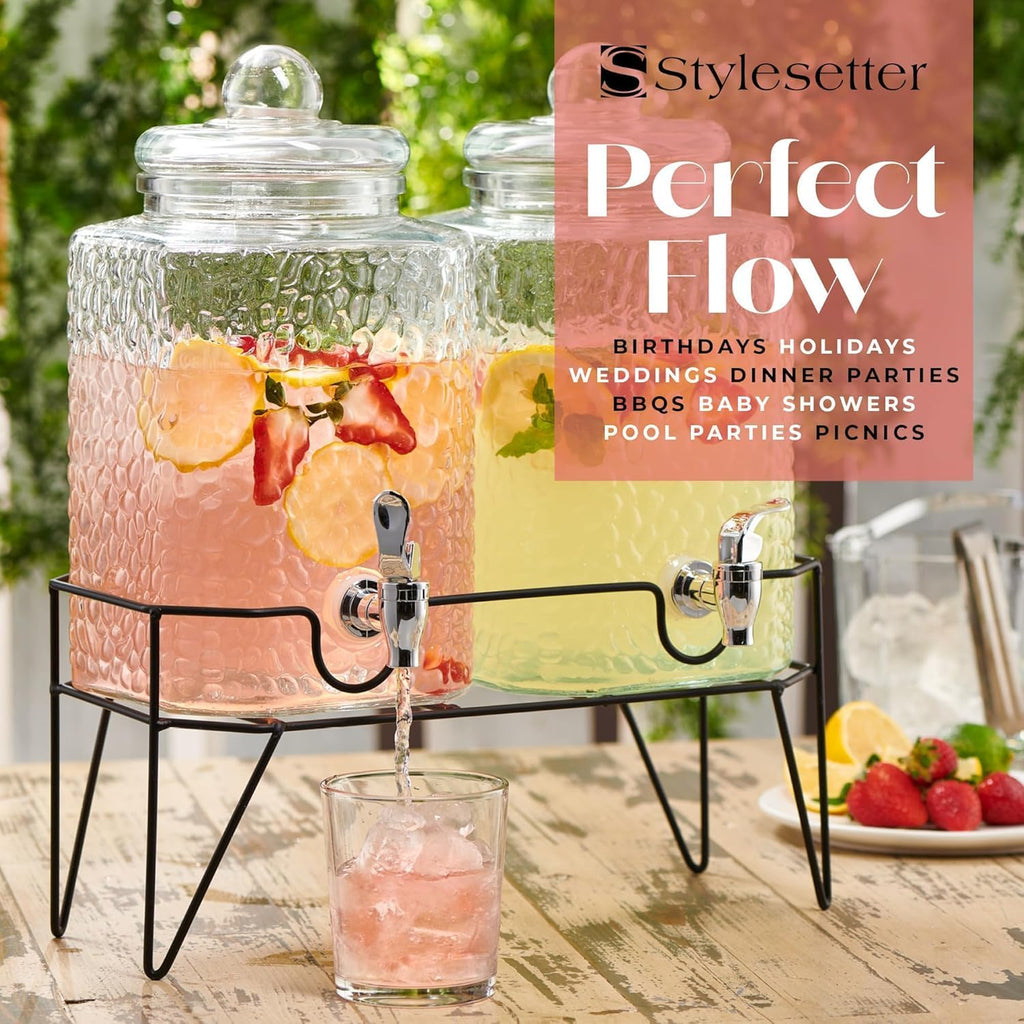 Glass Beverage Drink Dispenser w/Metal Stand, 1.5 Gal - Set of 2