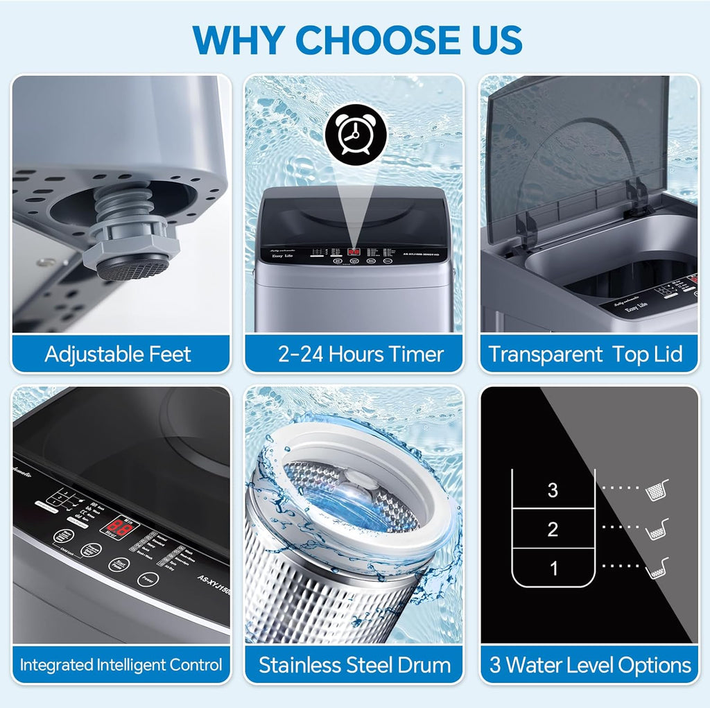 Portable Washing Machine, 7.7 lbs Full-Automatic Compact Laundry Washer, Stainless Steel Drum, 10 Wash Cycles