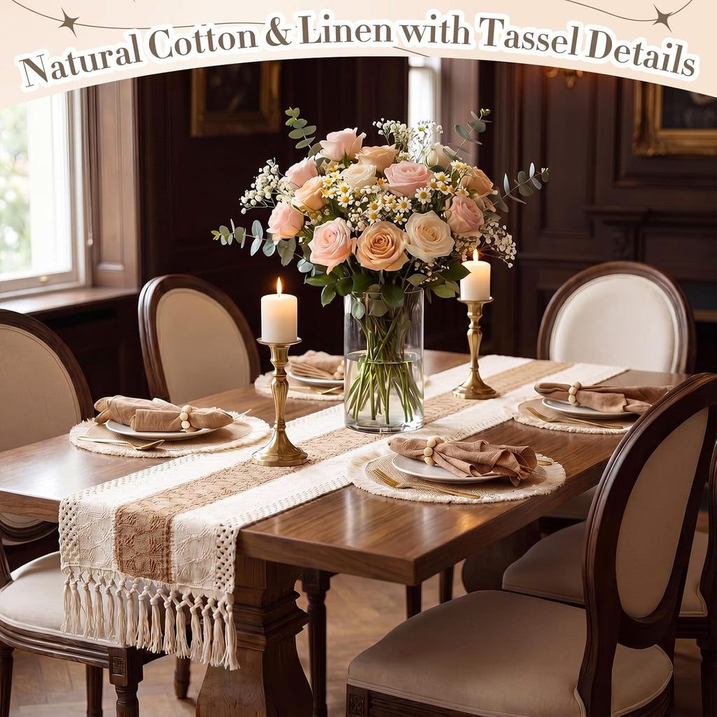 8 Sets of Placemats and Table Runner, Farmhouse Rustic Jute Decor | Round Placemats with Napkins,Wood Bead Rings,Jute