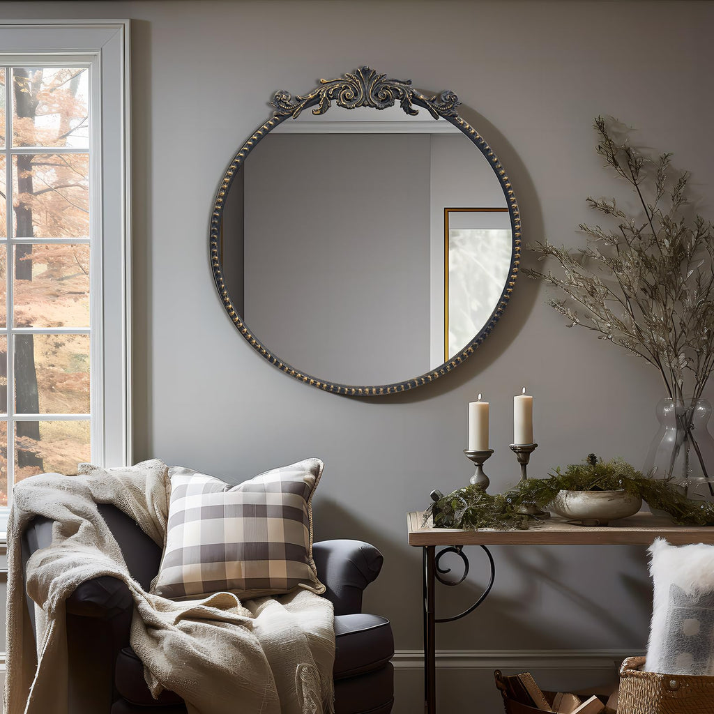 Round Mirror, 24''Baroque Style Circle Mirror Vintage Black Metal Frame Wall Mirrors for Vanity, Bathroom or Bedroom