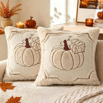 Fall Pillow Covers 18x18 Set of 2, Pumpkin Pillow Cover Beige Embroidered