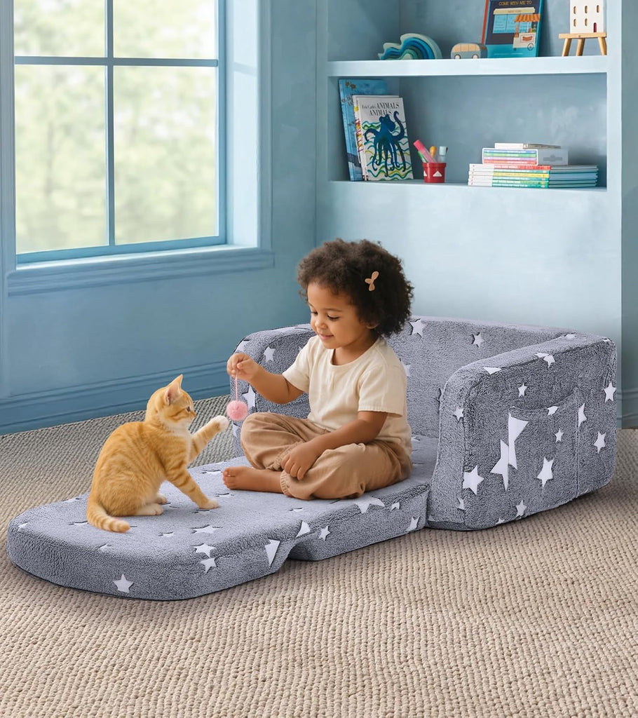 Kids Couch, in-1 Soft Toddler Couch Fold Out with with Blanket and Cloud Pillow, Glow in The Dark, Toddler Chair