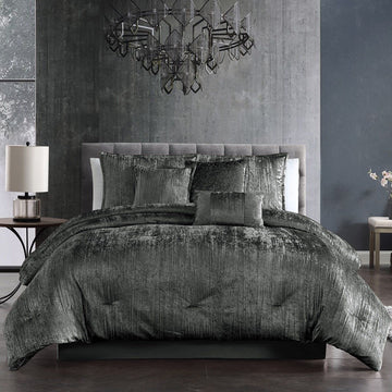 Turin Crinkle Velvet Comforter Bedding Set, King Size, Glam Textured Décor, Charcoal, 7 Pieces