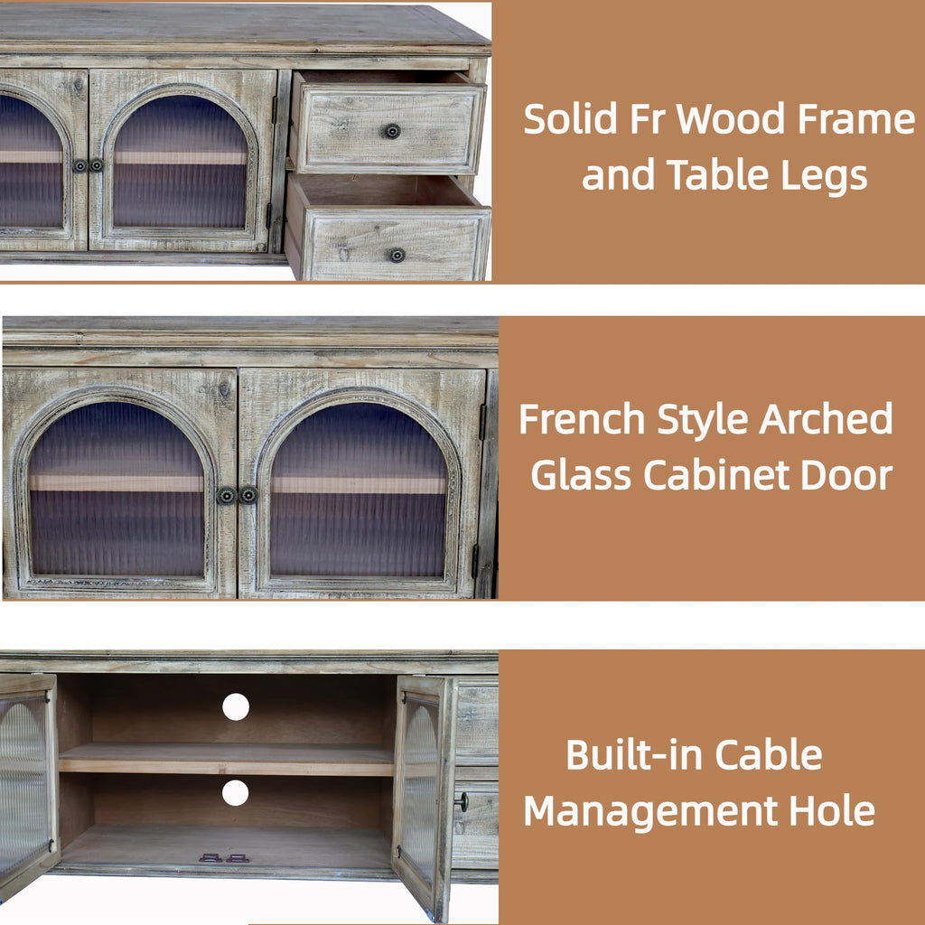 60" Solid Wood Farmhouse TV Stand, Media Console with Doors & Drawers