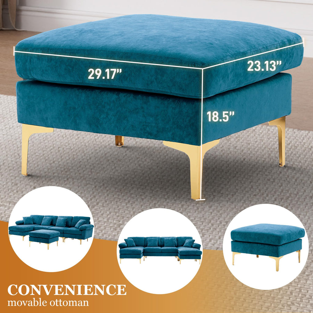 114" U-Shaped Velvet Sectional Couch with Ottoman, Teal Blue