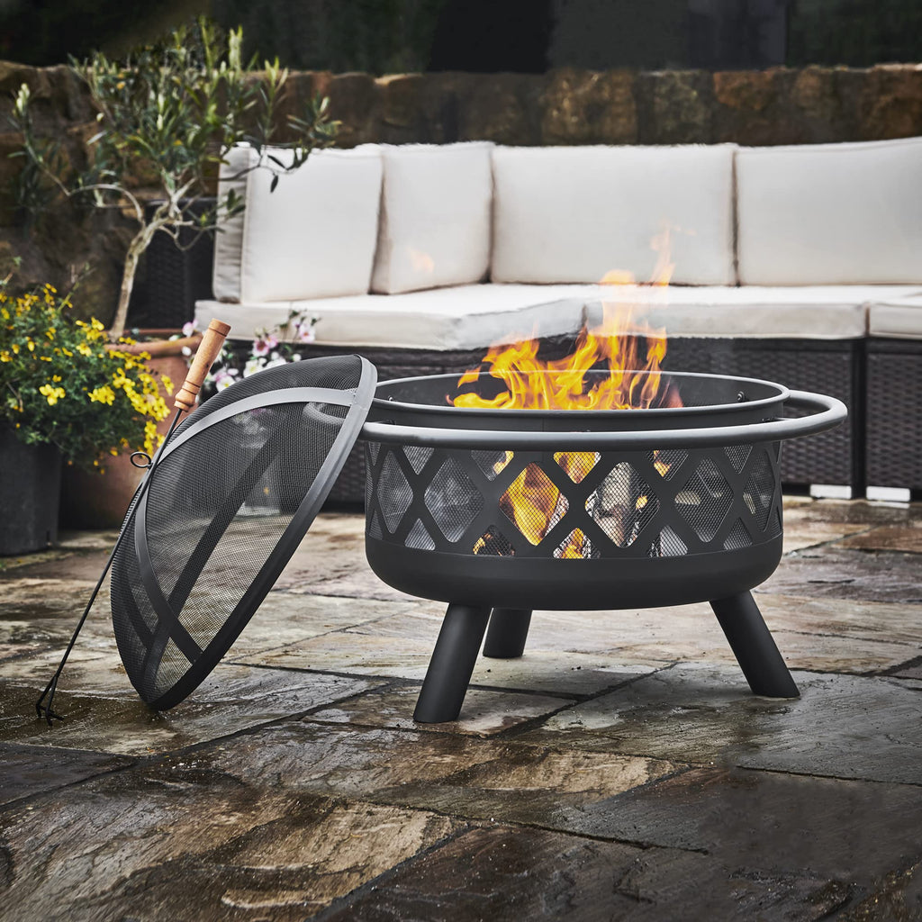 Large 76cm Garden Round Wood Burning Fire Pit, Outdoor Furniture Chimnea, Firepit Heater, Metal Log Burner Fire