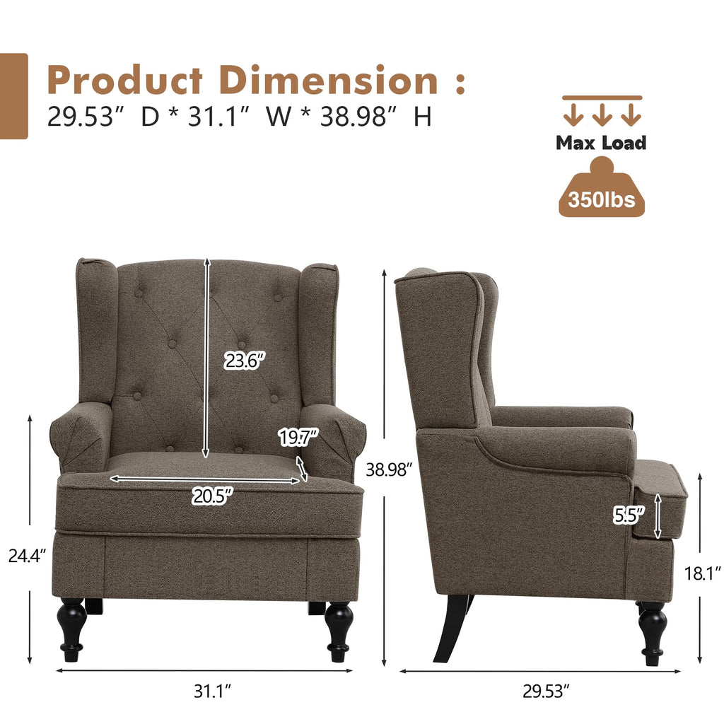 Accent Chair, Mid Century Modern Upholstered Wingback Chair, Armchair with Tufted High Back and Solid Legs, Comfy