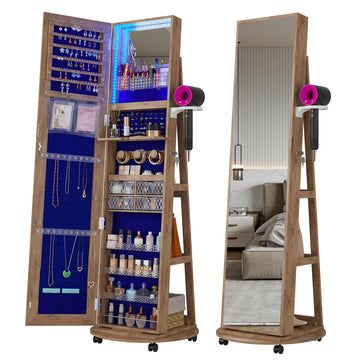 360° Swivel Jewelry Armoire with Mirror, LED Mirror Jewelry Cabinet Standing, Full Length Mirror with Jewelry