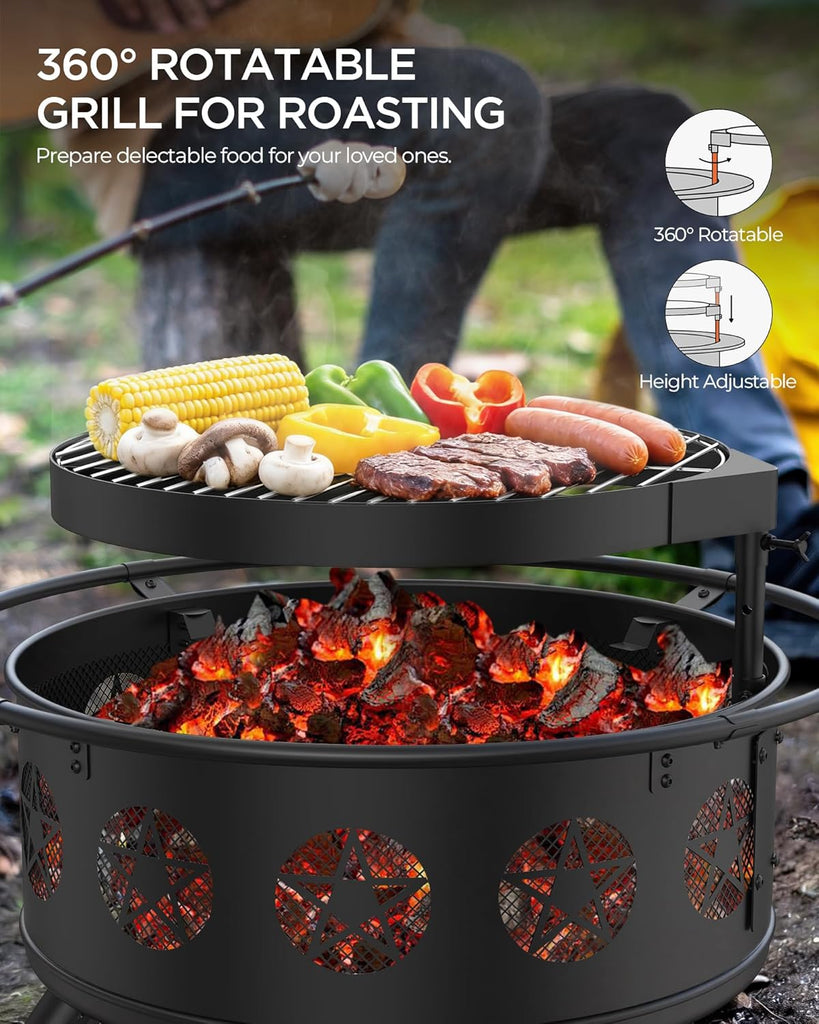 32 Inch Fire Pit with BBQ Grill & Mesh Cover, Wood Burning Fire Pits for Outside with Fire Poker