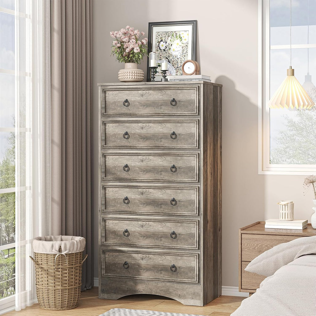 6 Drawer Dresser 52" Tall , Wood 6 Chest Drawers, Storage for Clothes, Narrow Large Drawers, Taupe Vintage