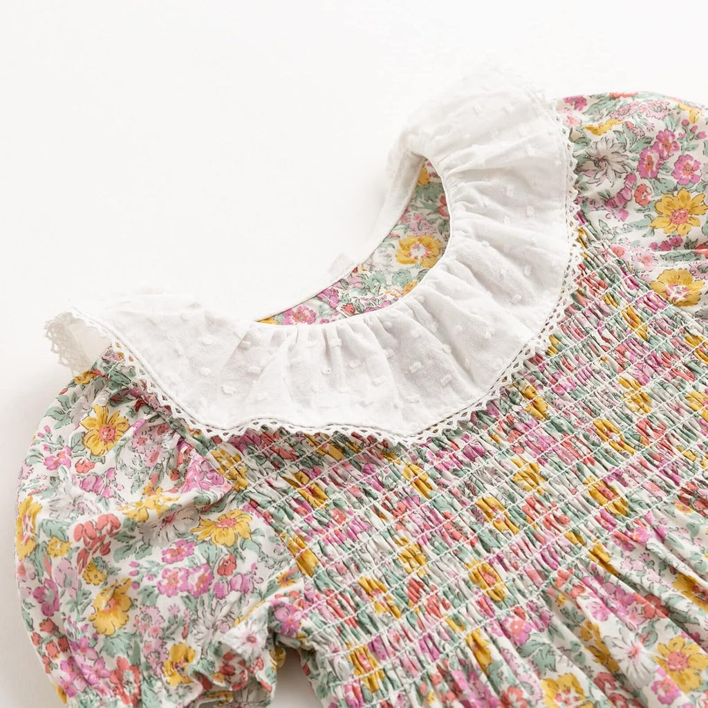 Baby Girl Smocked Romper,Ruffle Collar Bubble Floral Outfit