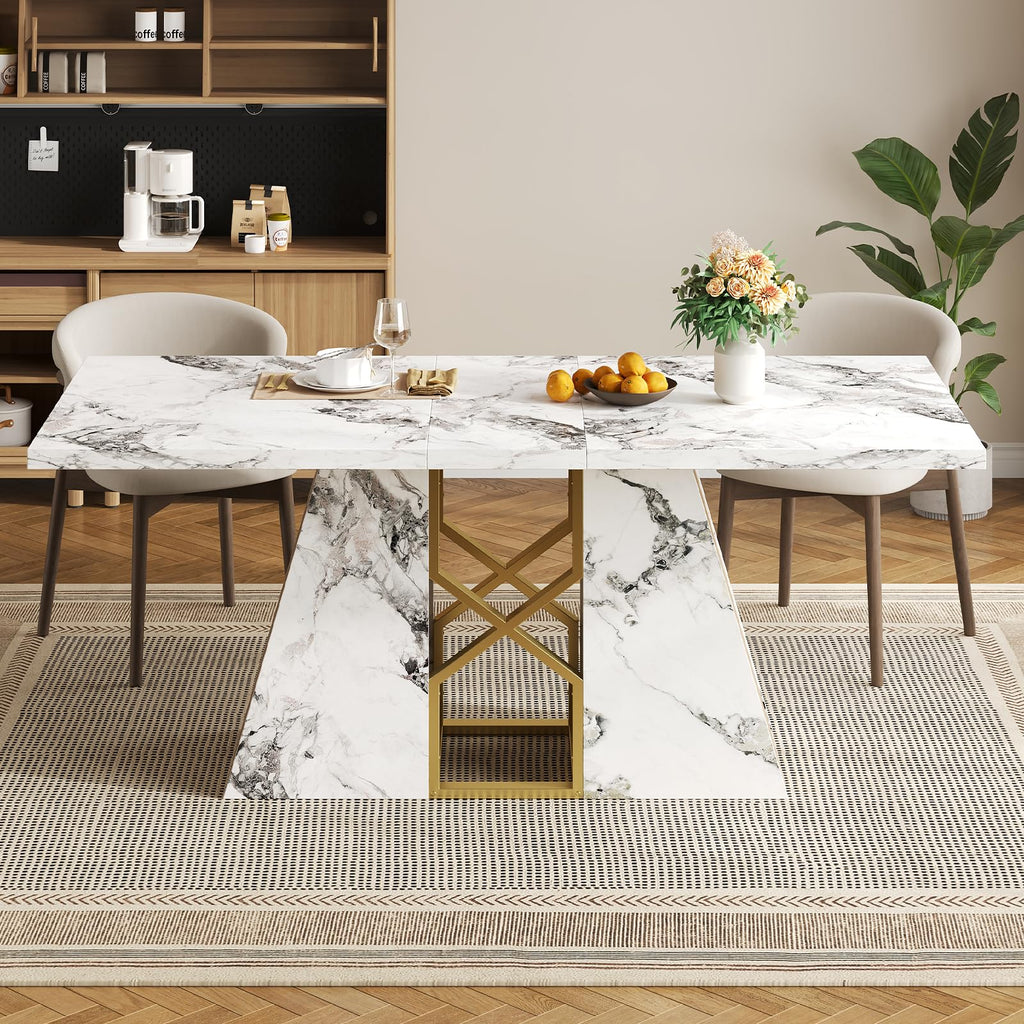 71 Inch Modern White Dining Table for 6-8 People, Large Faux Marble Kitchen and Dining Room Table, Rectanglar Dinner