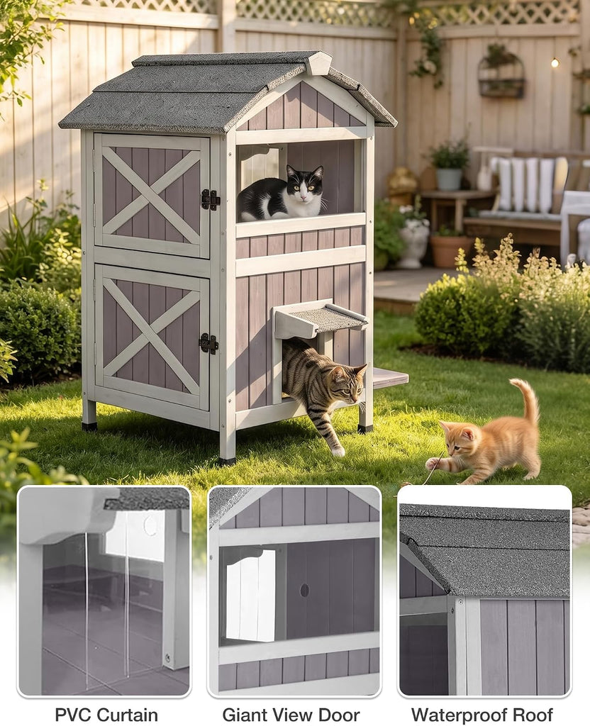 Outdoor Cat House Weatherproof Feral Cat Shelter with Escape Doors - 2-Story