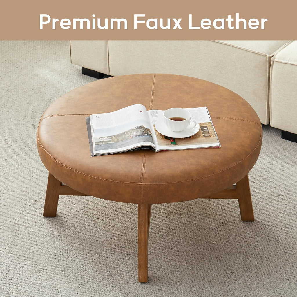 33 Inch Round Coffee Table, Leather Ottoman (Brown) | Upholstered Round Ottoman Easy to Assemble, Mid Century Modern