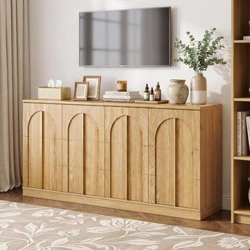 63" Arched Doors Sideboard, Buffet Cabinet with Storage, Natural Oak