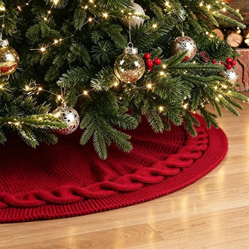 48 Inch Knitted Christmas Tree Skirt, Maroon Burgundy Red Versatile Holiday Decoration for Living Rooms, Weddings