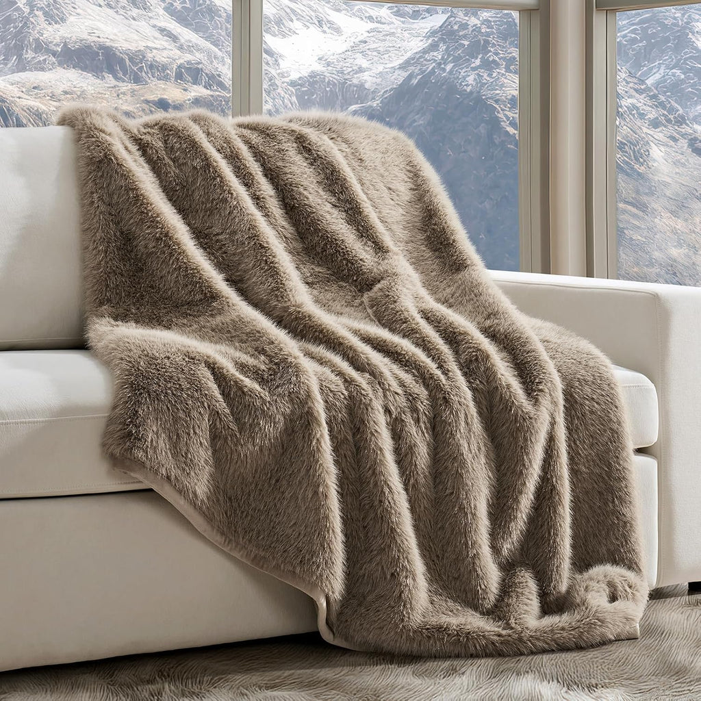 Luxury Faux Fur Throw Blanket, 60"x80", Natural Mink | Fluffy Faux Mink Blanket, Soft Cozy Plush, Thick Warm Winter